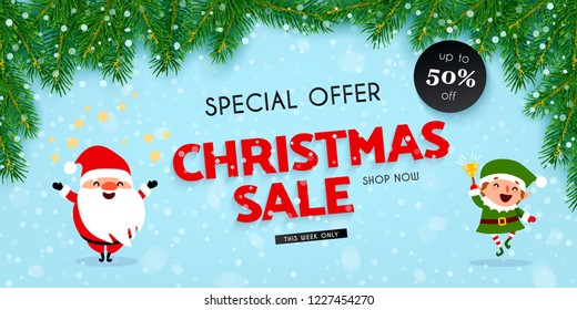 Christmas and New Year discounts and sales, a festive advertising banner with Santa Claus, Christmas elf, decorated with Christmas tree branches and falling snow, vector illustration