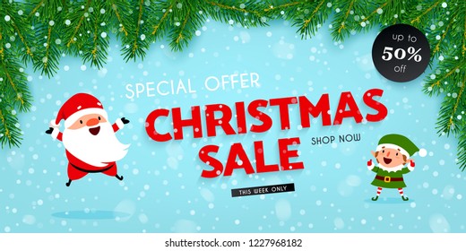 Christmas and New Year discounts and sales, a festive advertising banner with Santa Claus, Christmas elf, decorated with Christmas tree branches and falling snow, vector illustration