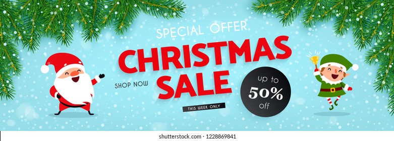 Christmas and New Year discounts and sales, a festive advertising banner with Santa Claus, Christmas elf, decorated with Christmas tree branches and falling snow, vector illustration