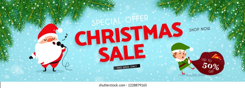 Christmas and New Year discounts and sales, a festive advertising banner with Santa Claus, Christmas elf, decorated with Christmas tree branches and falling snow, vector illustration