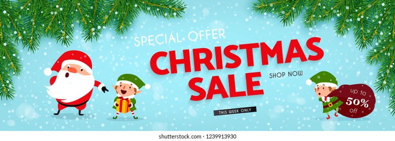 Christmas and New Year discounts and sales, a festive advertising banner with Santa Claus, Christmas elf, decorated with Christmas tree branches and falling snow, vector illustration