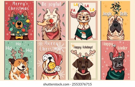 Christmas new year dogs in cartoon style. Holiday gifts, fluffy dogs for posters, postcards, t-shirt. Holiday seasonal vector postcards in retro groovy style. Picture for wall and for printing