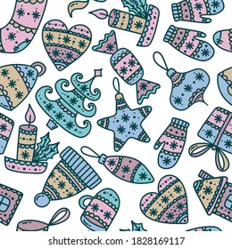 Christmas New Year doodle colorful icons seamless vector pattern