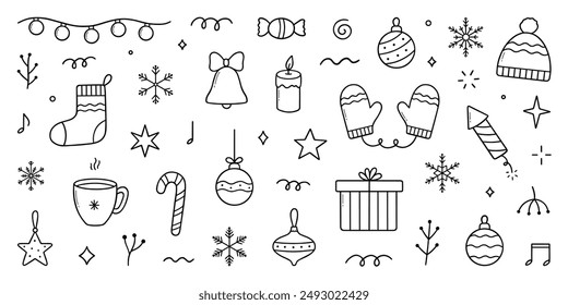 Christmas and New Year doodle icons. Snowflakes, Christmas balls, gift box, winter branches in sketch style. Hand drawn vector illustration isolated on white background 