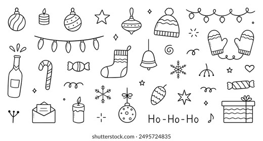 Christmas and New Year doodle icons. Snowflakes, Christmas balls, gift box, winter branches in sketch style. Hand drawn vector illustration isolated on white background 