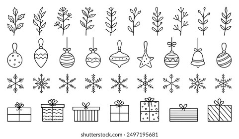 Christmas and New Year doodle icons set. Snowflakes, Christmas balls, gift box, winter branches in sketch style. Hand drawn vector illustration isolated on white background