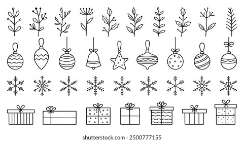 Conjunto de Navidades e íconos de doodle del año Nuevo. Copos de nieve, bolas de Navidad, caja de regalo, ramas de invierno en estilo de boceto. Ilustración vectorial dibujada a mano aislada sobre fondo blanco