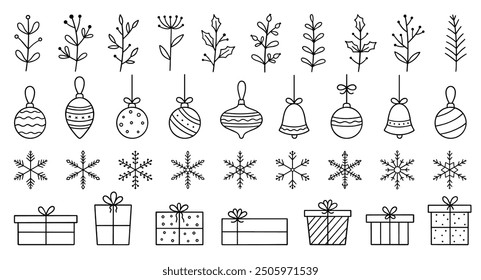 Christmas and New Year doodle icons set. Snowflakes, Christmas balls, gift box, winter branches in sketch style. Hand drawn vector illustration isolated on white background