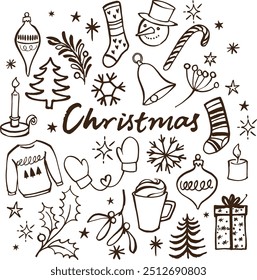 Christmas and New Year doodle icons . Hand drawn vector illustration isolated on white background. Winter symbols 