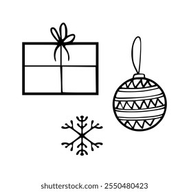 Christmas and New Year doodle icons set. Snowflakes, Christmas balls, gift box. Hand drawn vector illustration isolated