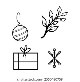 Christmas and New Year doodle icons set. Snowflakes, Christmas balls, gift box, winter branches in sketch style. Hand drawn vector illustration isolated