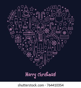 Christmas new year doodle icons heart shape 