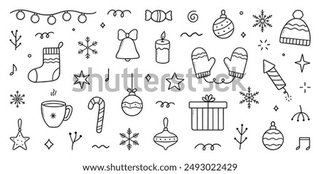 Christmas and New Year doodle icons. Snowflakes, Christmas balls, gift box, winter branches in sketch style. Hand drawn vector illustration isolated on white background 