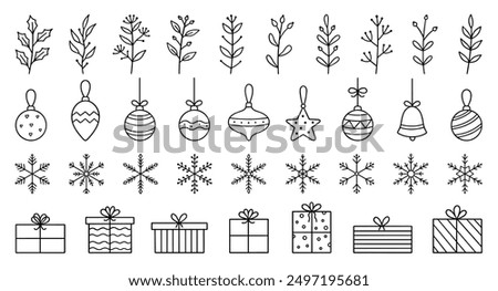 Christmas and New Year doodle icons set. Snowflakes, Christmas balls, gift box, winter branches in sketch style. Hand drawn vector illustration isolated on white background