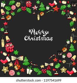 Christmas New year Doodle vector icons. Hand drawn. Christmas tree Candy, Christmas bell, star,gift,sock, bow, candle.heart shape, with the inscription Mary Christmas. space for your text. 