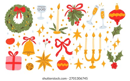Christmas and New Year doodle vector set. Festive hand-drawn collection