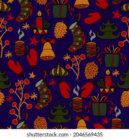 Christmas and New Year doodles vector seamless pattern. Winter background for packaging, congratulations and invitations
