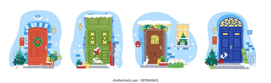 Christmas and New Year doors and windows collection. Holiday Vector illustration for Christmas Banners, Placards and Posters.