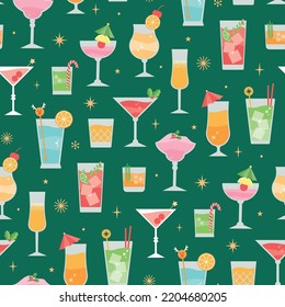 Christmas New Year, drinks, cocktail party, invitation, background, wallpaper, seamless vector pattern