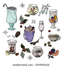 Christmas and New Year drinks for the holiday. Vector illustrations for advertising, banners, cards, invitations, greetings, parties. Punch, coffee, tea, eggnog, wassail, hot buttered rum, etc.