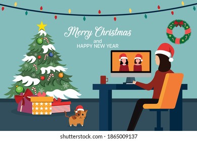 Christmas and New Year during corona virus .Christmas celebrating in home.Merry and safe Vector illustration	
