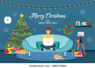 Christmas and New Year during corona virus .Christmas celebrating in home.Merry and safe Vector illustration