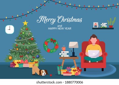 Christmas and New Year during corona virus .Christmas celebrating in home.Merry and safe Vector illustration
