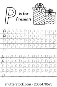 Christmas and New Year educational printable worksheet. English ABC letters and colouring page for preschoolers. Learning activity book with winter holidays. Letters tracing pages.