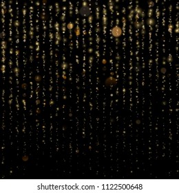 Christmas and New Year effect. Glitter threads of curtain backdrop on black. Sparkling of shimmering light blurs. Gold particles lines rain. Fashion strass drops with shiny sequins. EPS 10