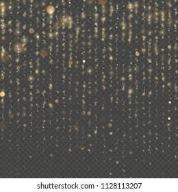 Christmas and New Year effect. Gold particles lines rain. Sparkling of shimmering light blurs. Fashion strass drops with shiny sequins. Overlay transparent glitter threads of curtain backdrop. EPS 10