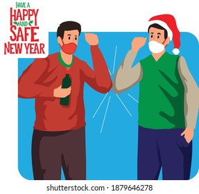 Christmas New Year Elbow Bump Stay Safe And Happy Vector Illustration