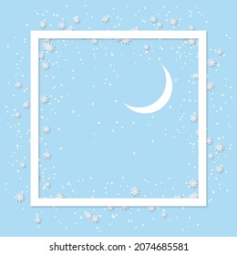 Christmas and New Year elegant blue background with square frame, stars and snowflakes