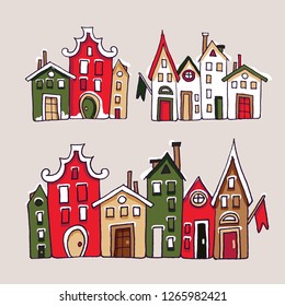 Christmas and New Year element collection. Winter buildings set. Colored, house facade, snow, roof, door, window, flag, hand drawn, vector sketch, isolated.