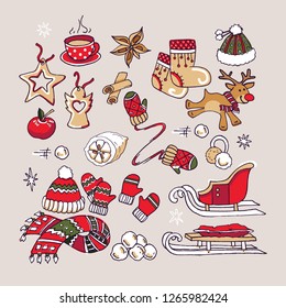 Christmas and New Year element collection. Accessories set. Mittens, cap, scarf, boots, deer, earflaps, snow balls, lemon, spice, apple, tea cup, cookies, hand drawn, vector sketch, isolated.