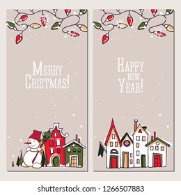 Christmas and New Year element collection. Winter holiday and celebrations set. House facades, snow, flag, snowman, colored lights, garland, postcard, hand drawn, vector sketch, isolated.