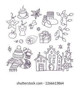 Christmas and New Year element collection. Winter indoor and outdoor accessories set. Tea cup, cinnamon, boots, apple, lemon, gift, spruce, house, scarf, mitten, boots, cap, vector sketch, isolated. 