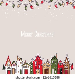 Christmas and New Year element collection. Winter buildings set. Colored, house facade, snow, roof, door,  window, flag, colored lights, garland, hand drawn, vector sketch, isolated