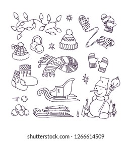 Christmas and New Year element collection. Winter accessories set. Snowman, sled, snow balls, knitted cap, mittens, scarf, earflaps, boots, colored lights garland, hand drawn, vector sketch, isolated.