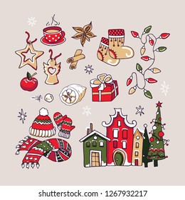 Christmas and New Year element collection. Winter indoor and outdoor accessories set. Tea cup, cinnamon, boots, apple, lemon, gift, spruce, house, scarf, mitten, boots, cap, vector sketch, isolated. 