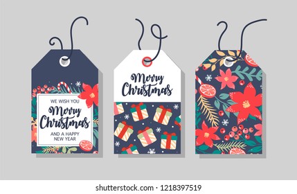 Christmas and new year element, poster for your design. Christmas gift tags set with handwritten calligraphy and decorative elements. 