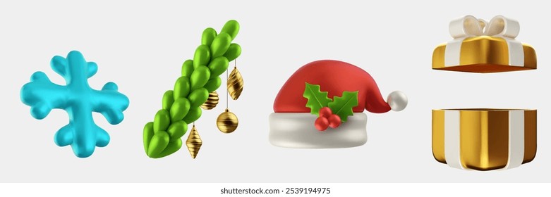 Christmas or new year elements in 3d realistic style. Snowflake, branch with toys, santa hat, open gift box. Set vector decoration for design branding.