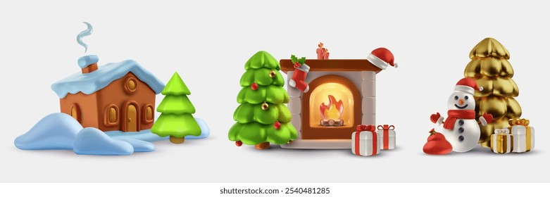 Navidades o Elementos de año nuevo en estilo realista 3D. Casa de invierno, chimenea, muñeco de nieve. Establecer la decoración de Vector para la marca de diseño.