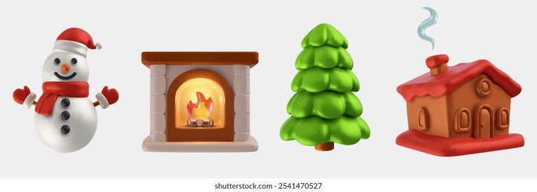 Elementos de Natal ou ano novo em estilo 3d realista. Boneco de neve, lareira, árvore sempre verde, bela casa de desenhos animados. Definir decoração vetorial para design de marca.