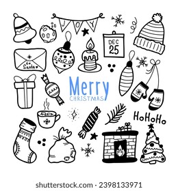 Christmas and New Year elements with bell, cookies, Christmas tree decorations, envelope, candle, calendar sheet, hat, mittens, Christmas sock, candy, gift, hot chocolate, Santa's bag, fireplace.