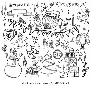  Christmas and New Year elements with cardinal birds, santa, socks, cookie men, xmas tree with lights, snowman, gifts, candles, candies and bell. Hand drawn doodle Vector illustration.