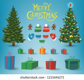 Christmas and New Year elements. Christmas collection with pine tree, gift boxes, candies and other elements. Vector illustration