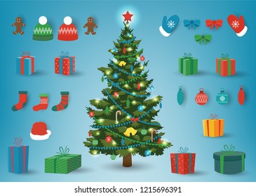 Christmas and New Year elements. Christmas collection with pine tree, gift boxes, candies and other elements. Vector illustration