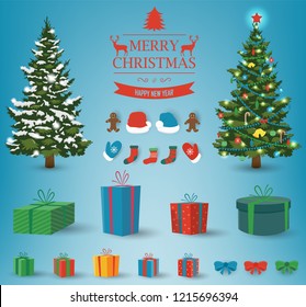 Christmas and New Year elements. Christmas collection with pine tree, gift boxes, candies and other elements. Vector illustration