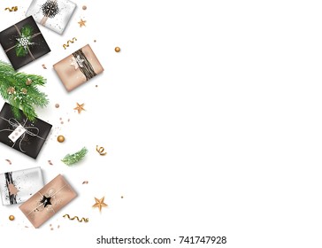 Christmas or New Year elements decorations, gift box, gold star and confetti, branch on white background. Winter holiday design, vector illustration.