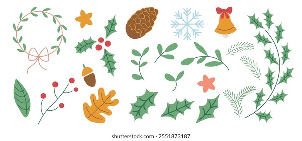 Elementos de Natal e Ano Novo no estilo doodle em vetor. Objetos para decoração de logotipo de design de adesivo de cartaz